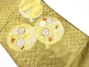 青銅箔組紐に丸文・花々・鹿の子模様織出し名古屋帯